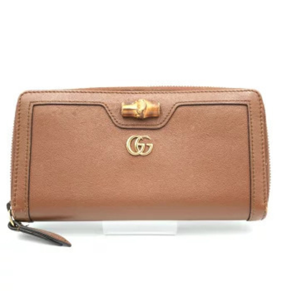 Gucci Diana Zip Around Wallet Long Bamboo Leather Top Handle Bag Brown
